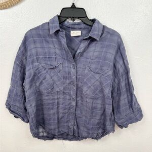 Allie Rose Button-Up Shirt Womens Size S Blue Plaid Cropped Raw Hem Top Oversize